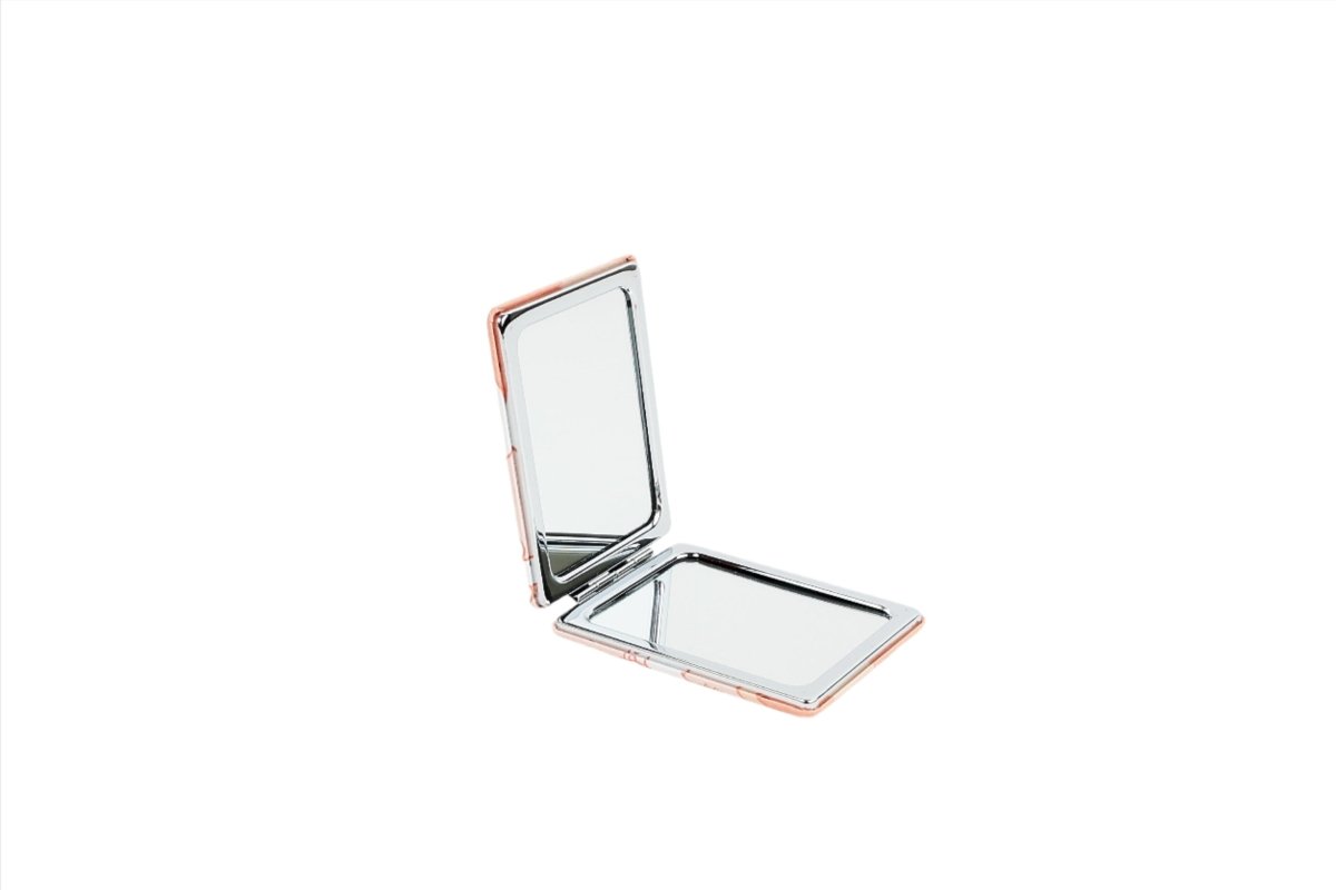 Compact mirror open with orange-edged frame and glass visible