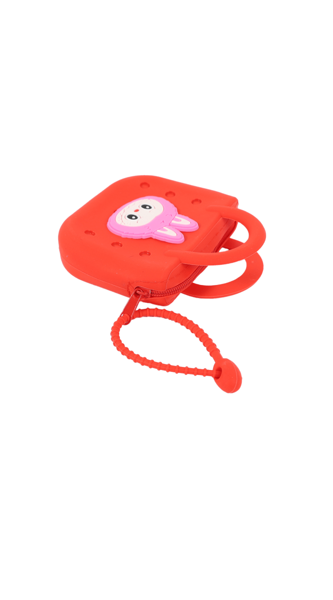 Red-orange square change purse with character face, loop handle and dangling cord