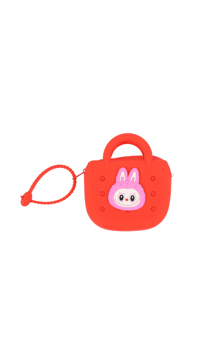 Square change purse with character face, top handle, red cord strap