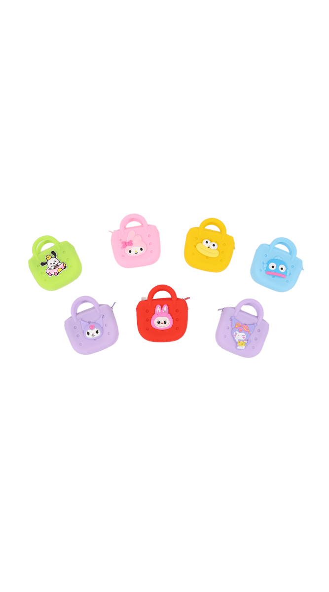 Set of square change purses in green, pink, yellow, blue, purple, and red, with character faces