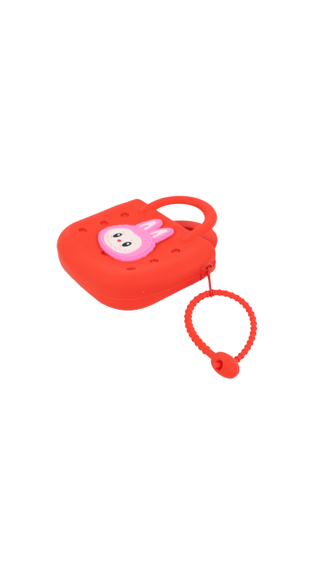 Orange square change purse with character face, top loop handle and red cord keychain