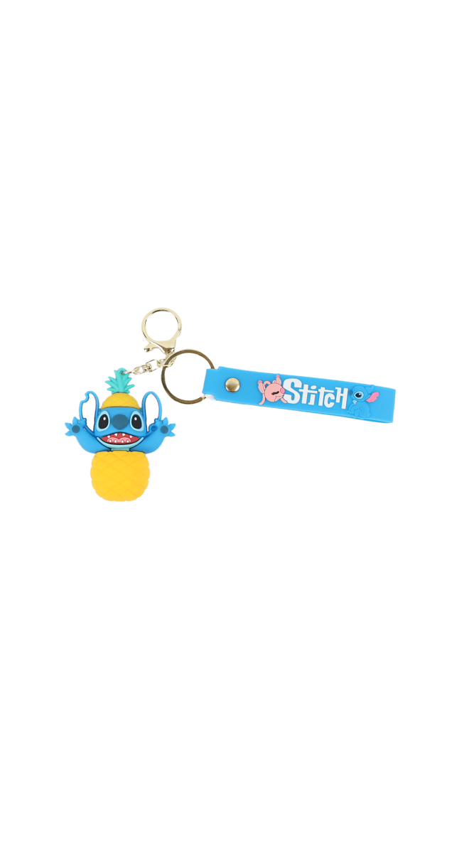 Stitch planet keychain with pineapple embroidery, blue strap and two metal key rings