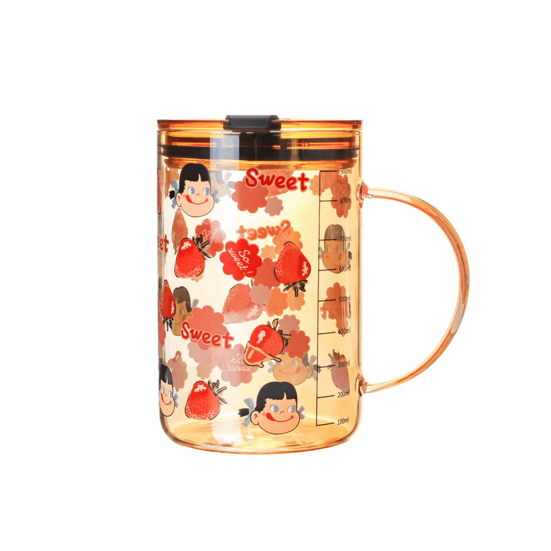 Glass mug with strawberry character print, amber handle, clear body, top lid