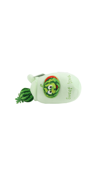 Soft green watermelon plush toy with cartoon face patch and “Sweet joy” lettering