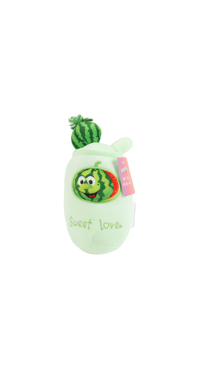 Watermelon plush toy with “Sweet love” text, cartoon face patch, and striped stem