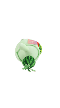 Watermelon plush toy with green striped stem, curled leaf detail, and pink tag