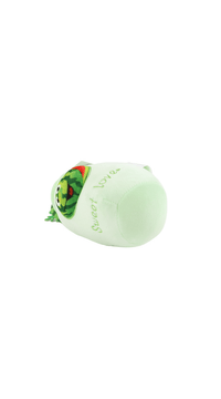 Green watermelon plush toy end view with “Sweet love” and cartoon face patch