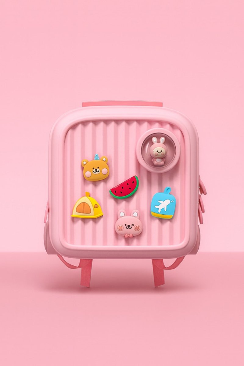 Pink kids backpack with round side patch, front zipper and travel animal charms