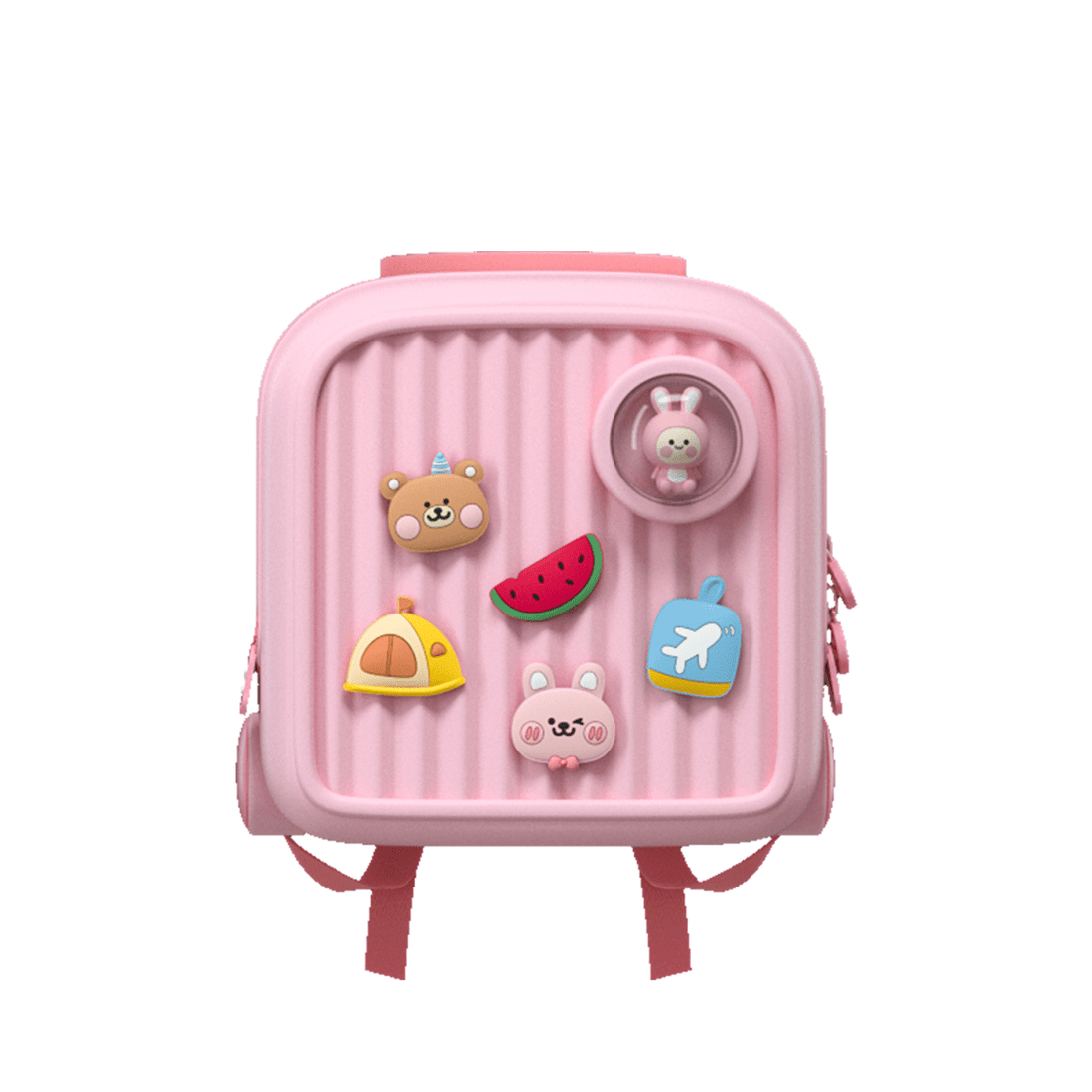 Pink kids backpack front with travel buttons and airplane charm