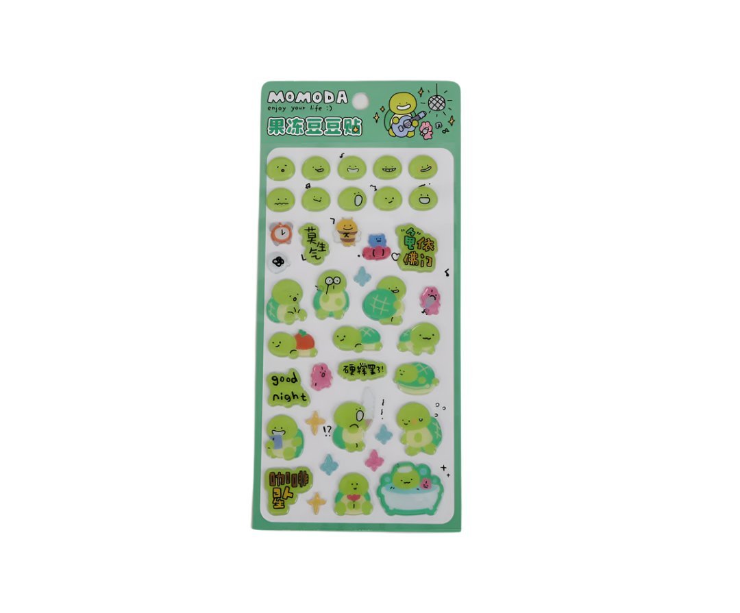 Cute turtle cartoon 3D sticker set on green backing card, playful turtle icons