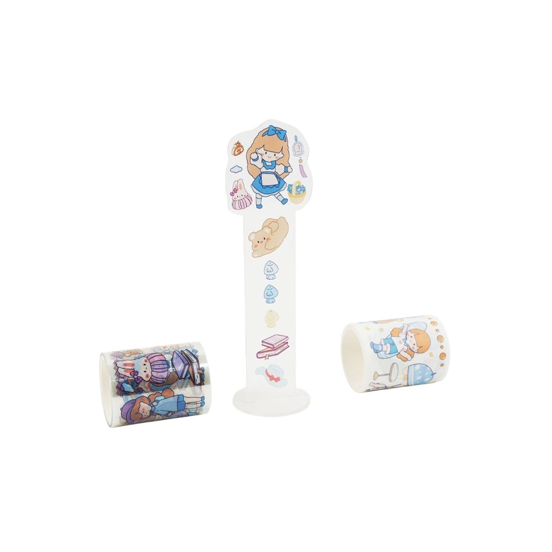 Sticker tape set with mixed character designs on three rolls and a vertical strip