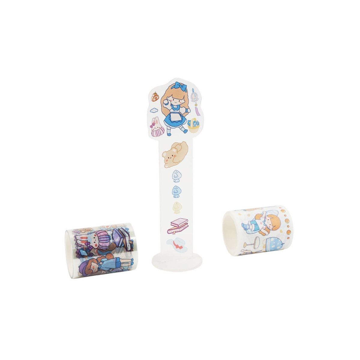Sticker tape set with mixed character designs on three rolls and a vertical strip
