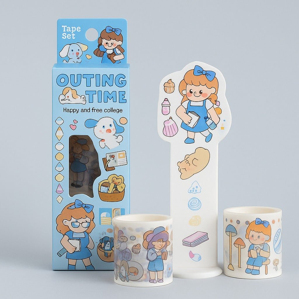 Sticker tape set with blue outing-time character designs, boxed and two rolls