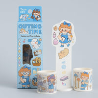 Sticker tape set with blue outing-time character designs, boxed and two rolls