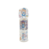 Sticker tape roll with girl character and illustrated scenes in blue on clear tape