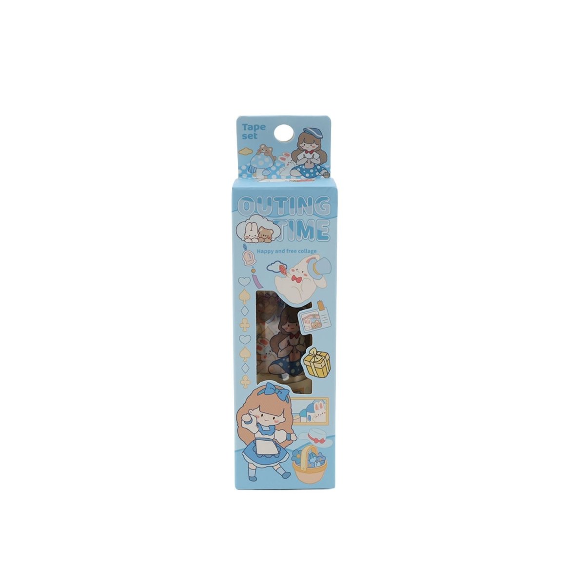 Sticker tape set box with blue outing-time character artwork and tape window