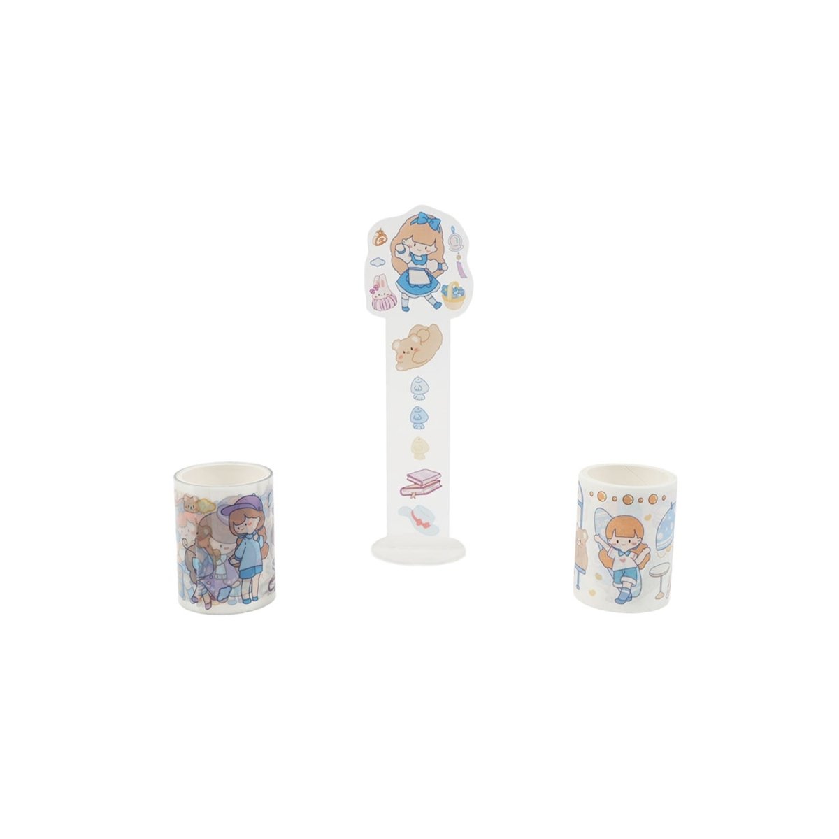 Sticker tape set with character designs on two rolls and one vertical tape strip