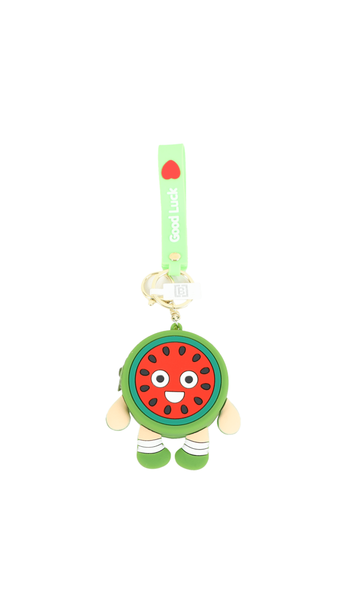 Watermelon keychain wallet with green zipper pouch and round red fruit face charm