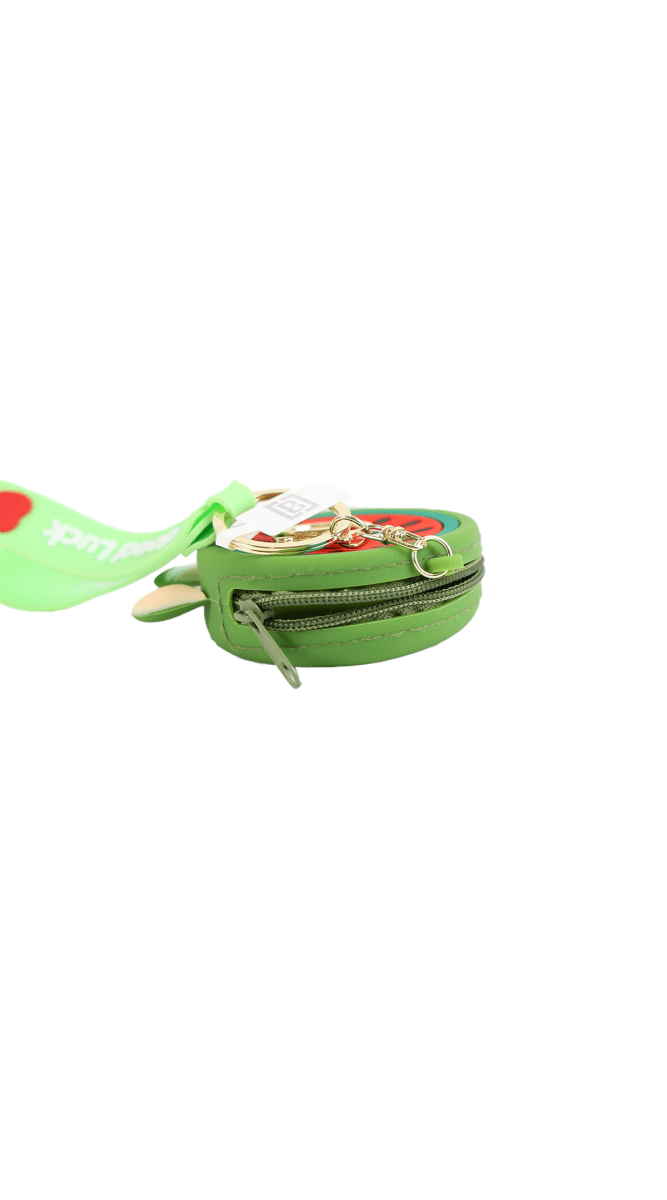 Green zipper keychain wallet with snap clip and multicolor character keyring charm