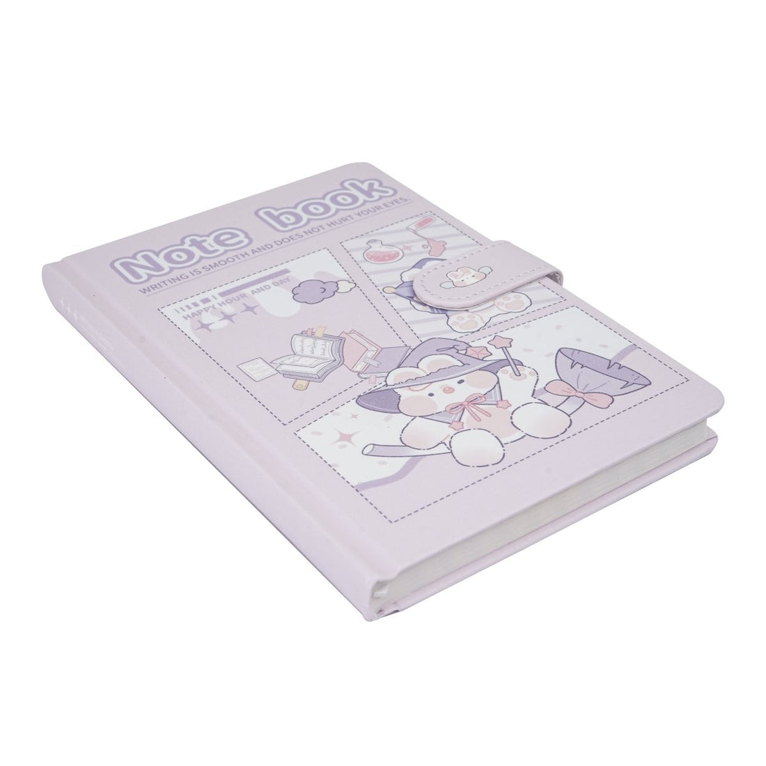 Lavender notebook with illustrated fantasy bear cover and “Note book” title