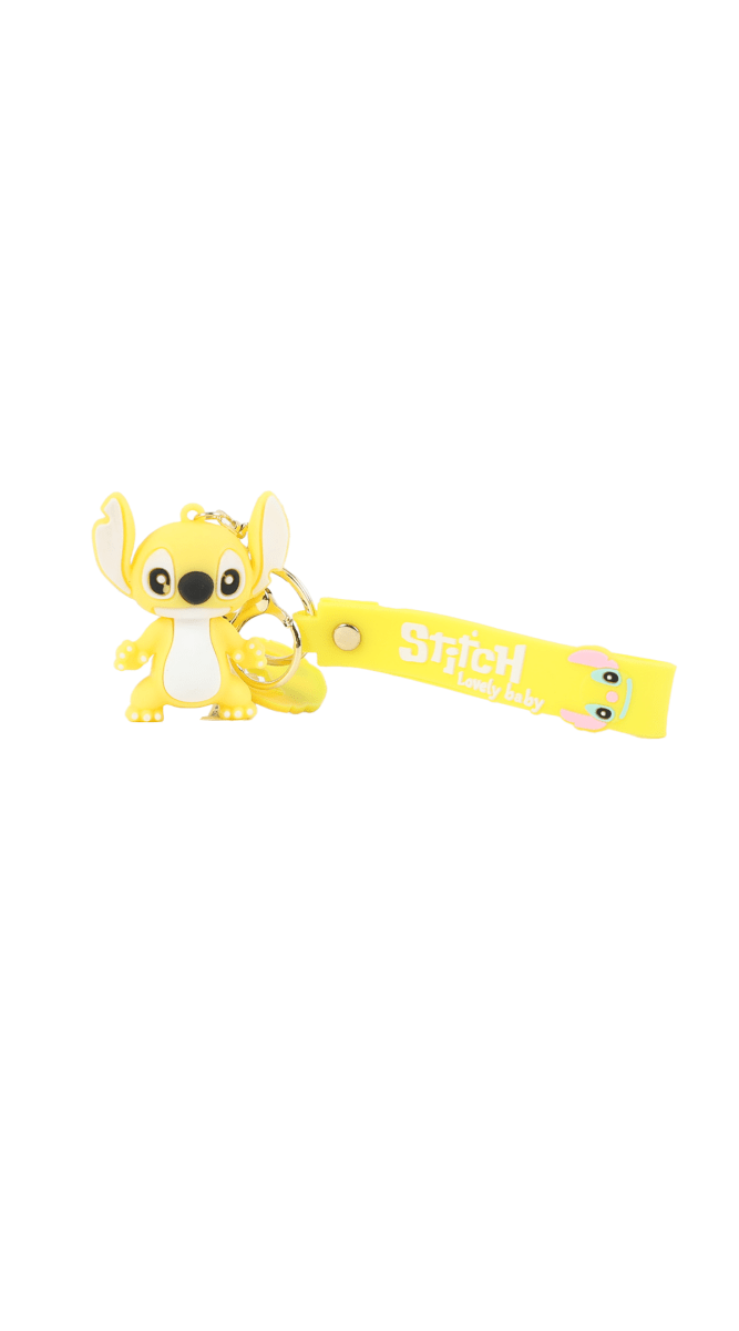 Yellow Stitch cartoon keychain with character charm and metal key ring, flat view