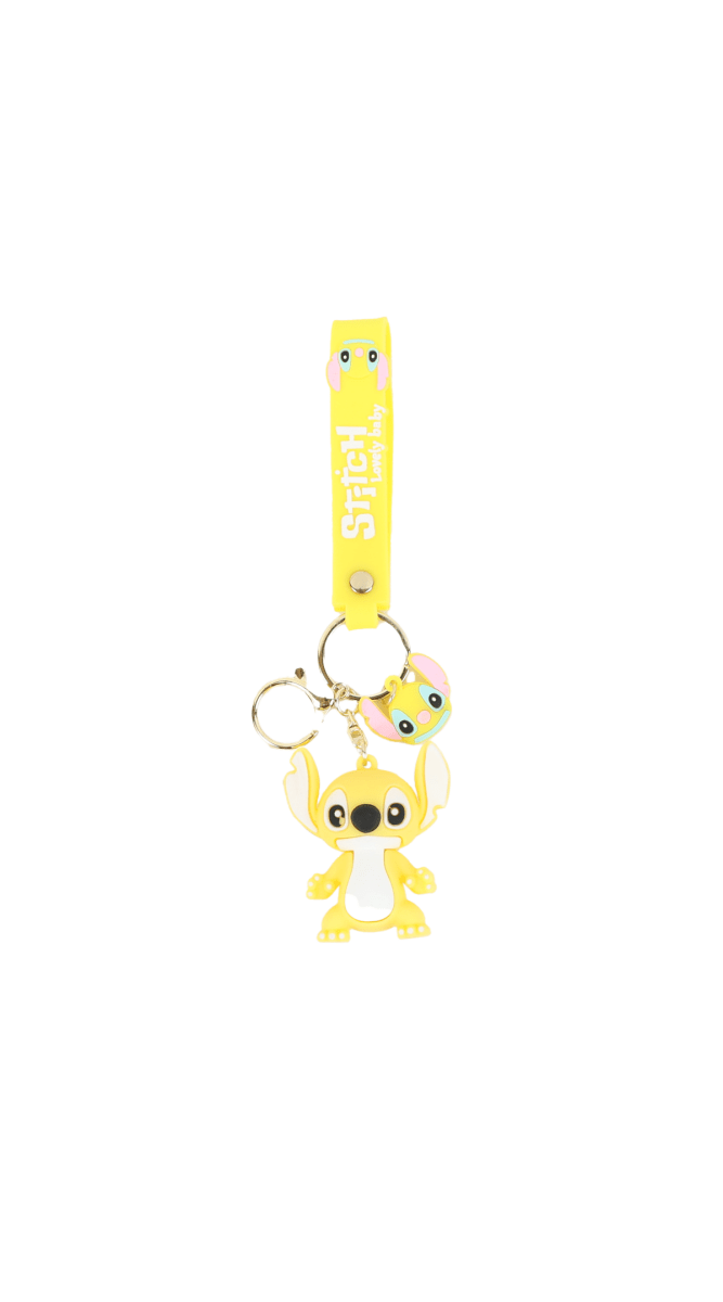 Yellow cartoon character keychain with Stitch strap and metal key ring