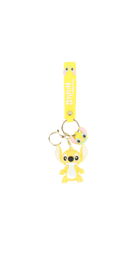 Yellow cartoon character keychain with Stitch strap and metal key ring