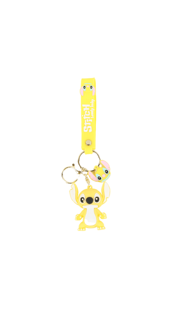 Yellow cartoon character keychain with Stitch strap and metal key ring