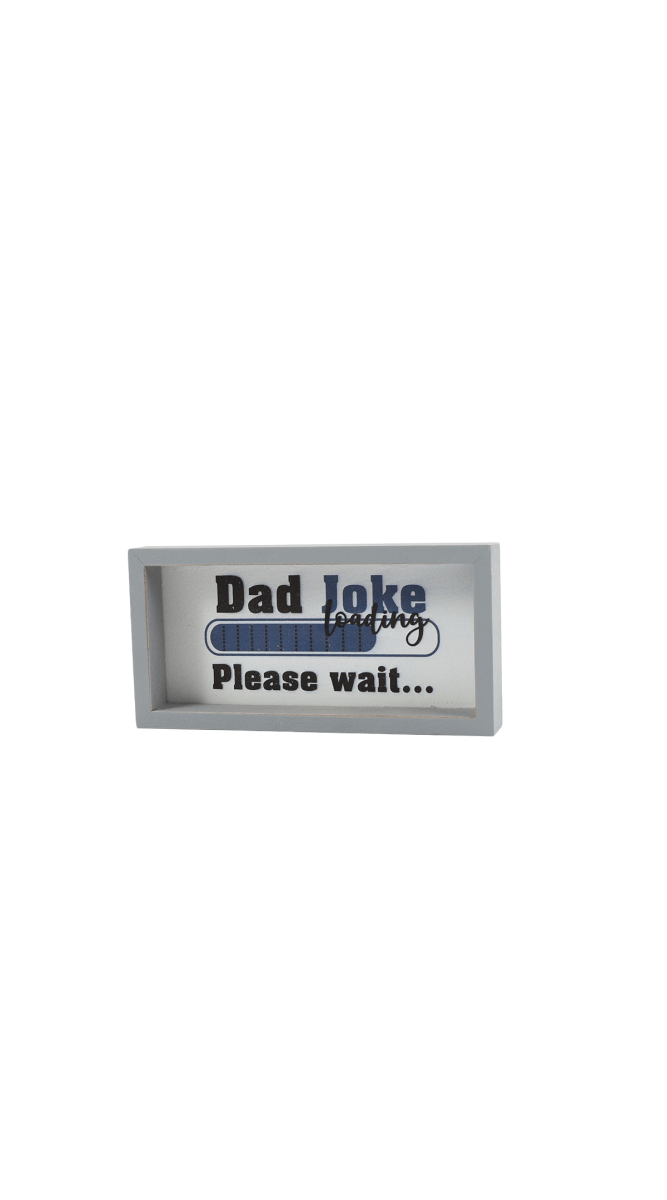 Wood picture frame with 'Dad Joke Loading' and 'Please wait…' message, front view
