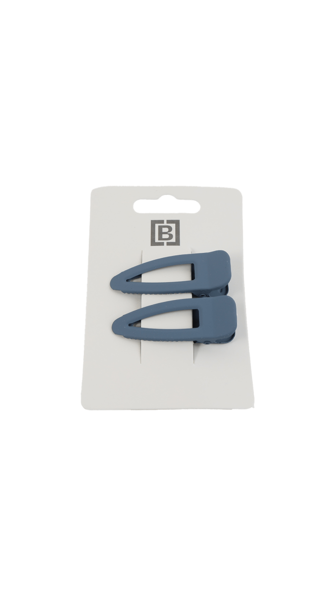 Two dark blue claw hair clips on card backing, each with curved teeth