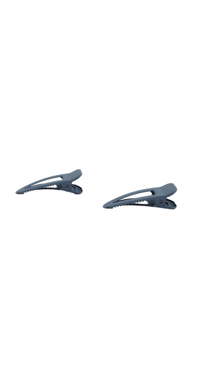 Two dark blue hair clips shown from side angles, claw grip with teeth
