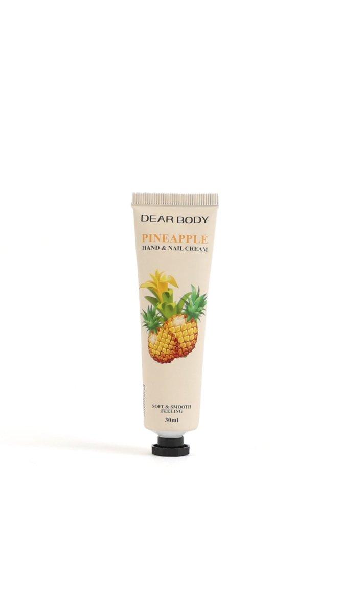 Dear Body Pineapple hand and nail cream tube, beige label with pineapple graphic