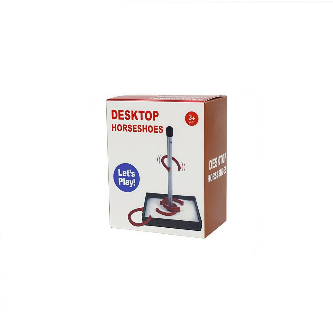 Desktop horseshoes game retail box with tabletop set graphic