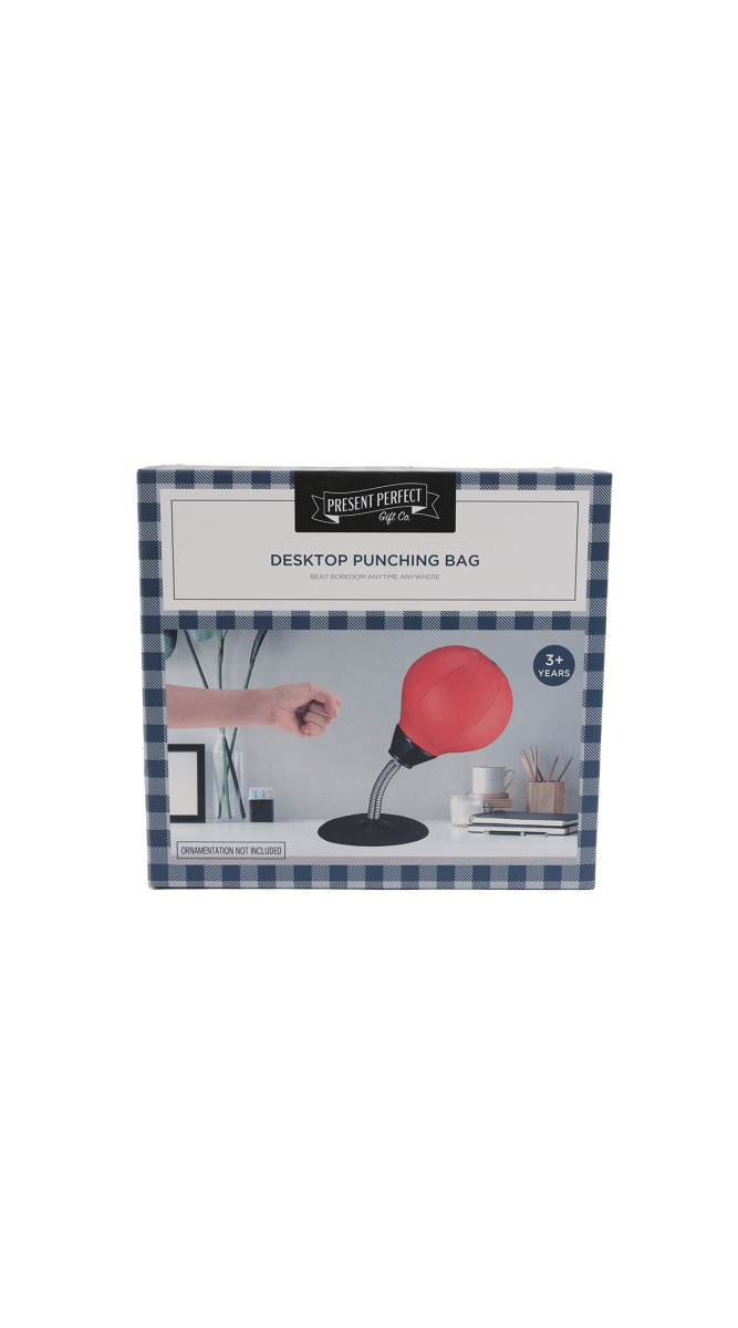 Desktop punching bag retail box with illustration and packaged desk stand