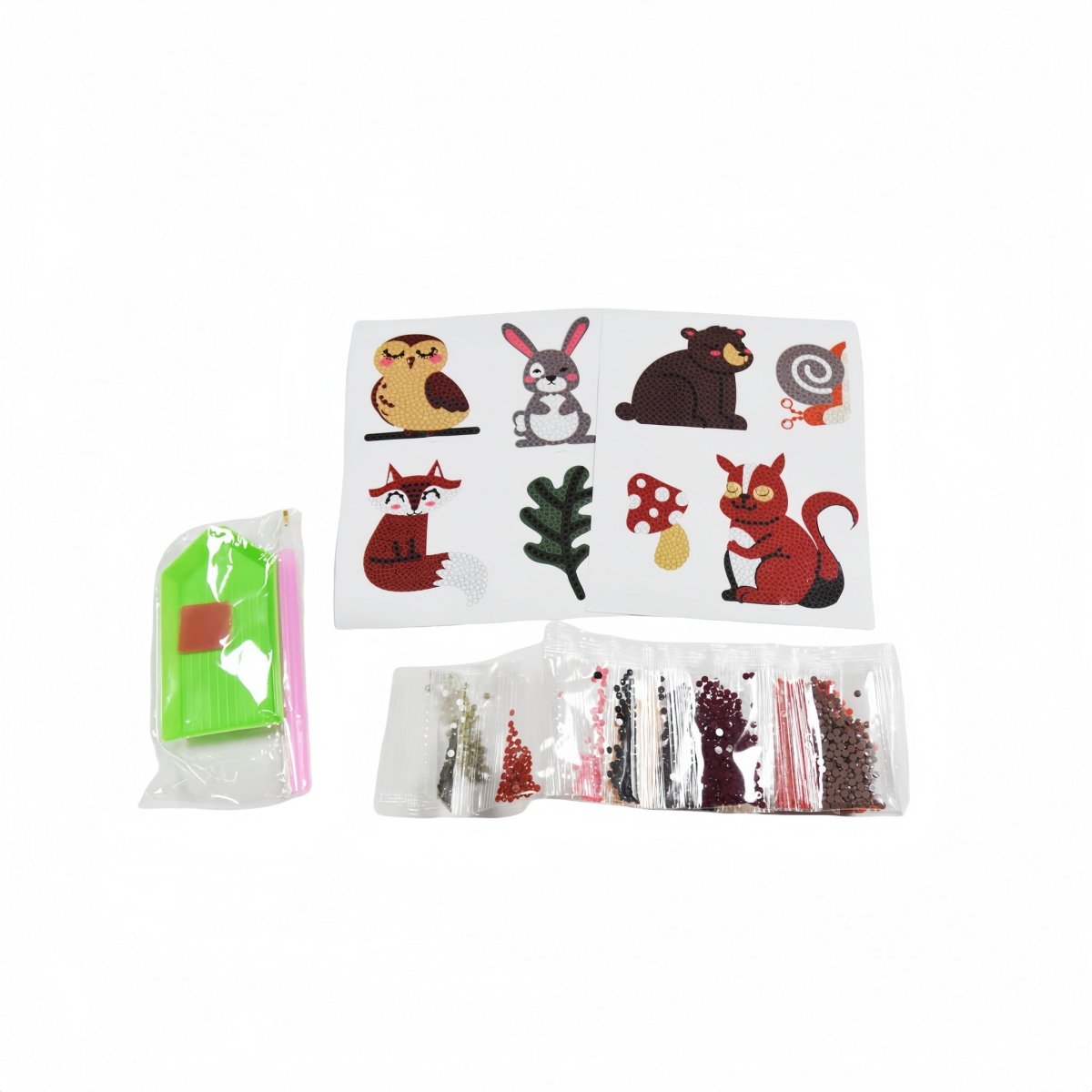 Animal sticker set with one sheet of characters and sealed diamond color strip packs