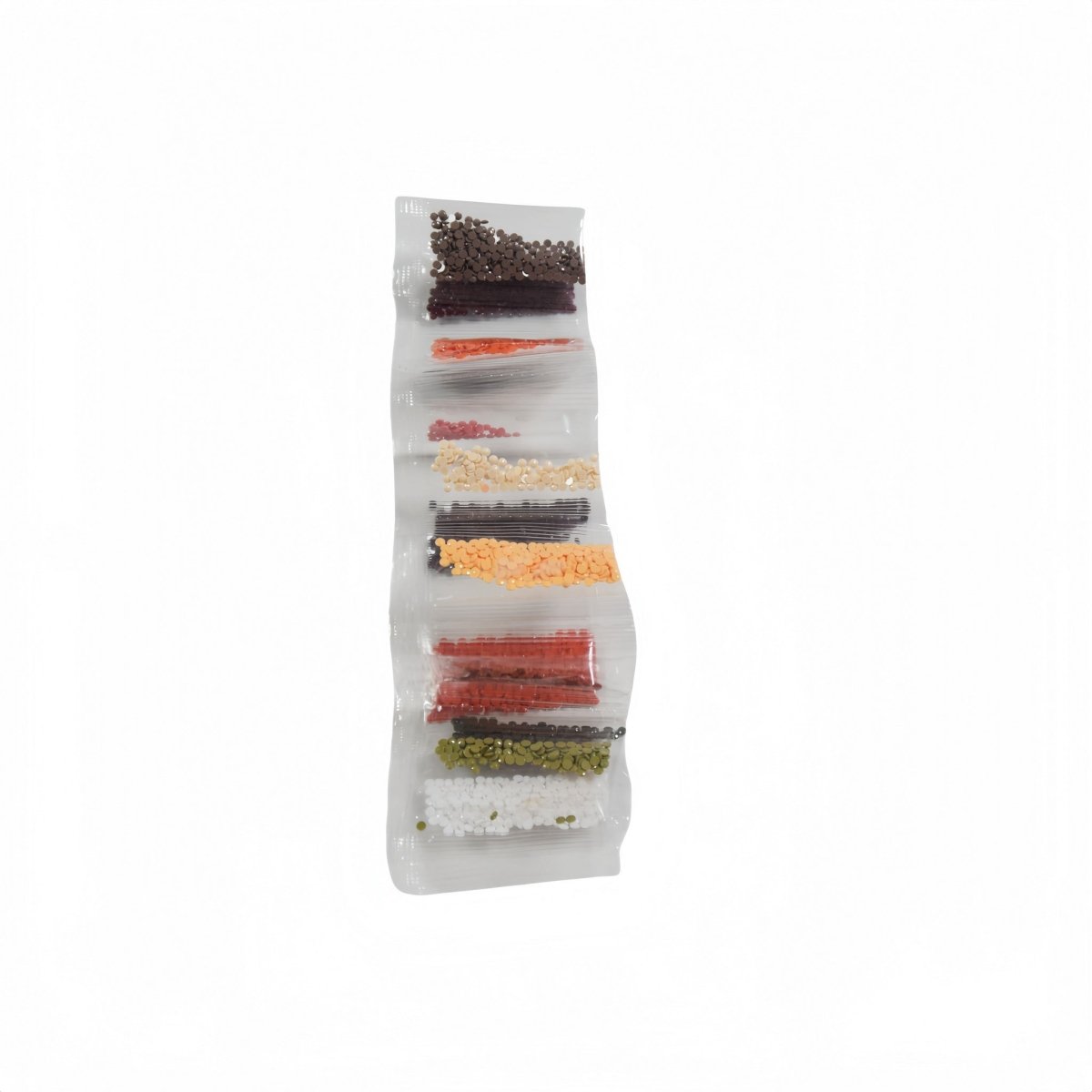 Sealed diamond color beads in multiple compartments, mixed reds, browns, and orange
