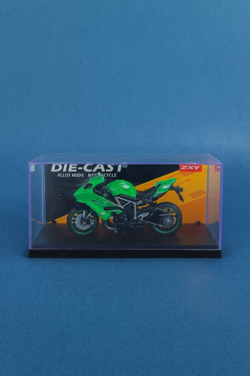 Green motorcycle model in clear die-cast display box