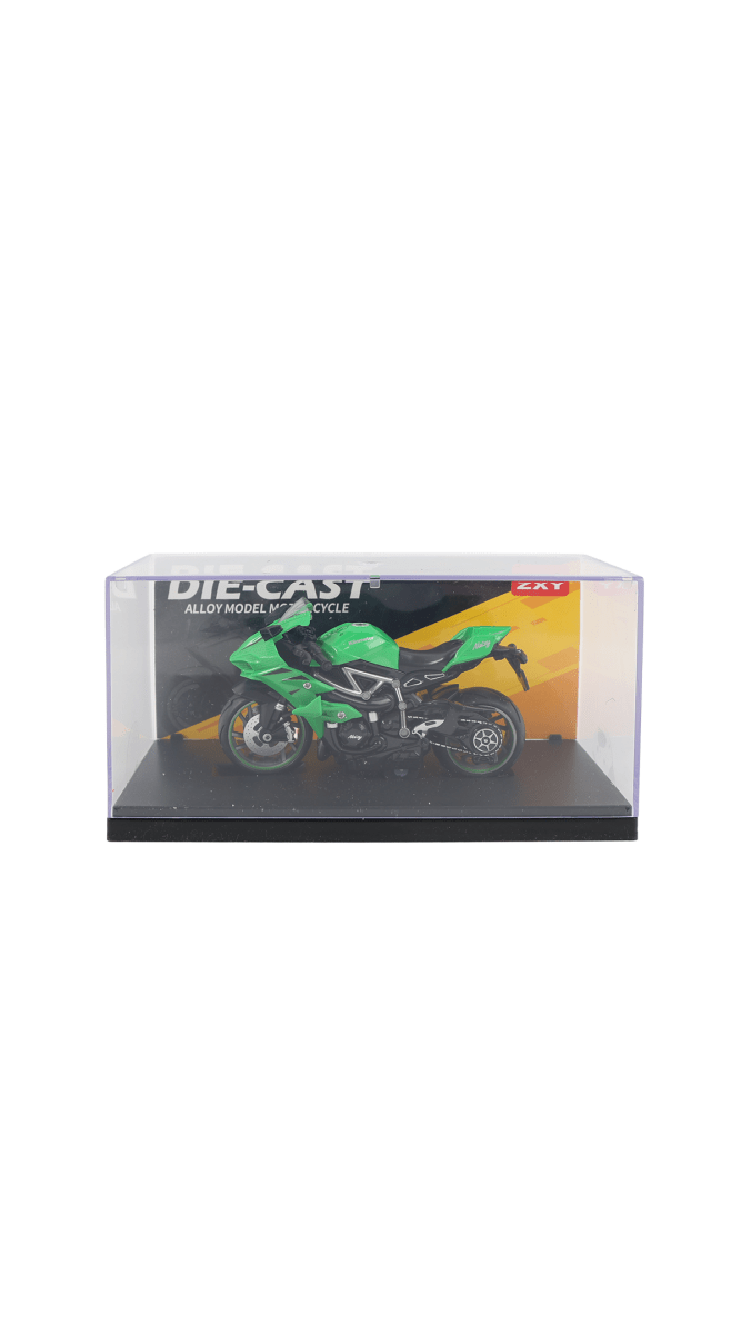 Green motorcycle model in clear display box