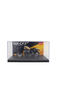 Die-cast motorcycle model in clear display box, black and yellow, angled view