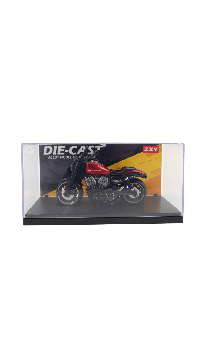 Die-cast motorcycle model in clear display box, black and red, side view