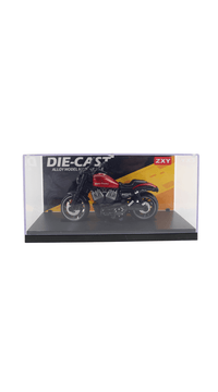 Die-cast motorcycle model in clear display box, black and red, side view