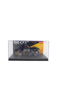 Die-cast motorcycle model in clear display box, black and yellow, side angle