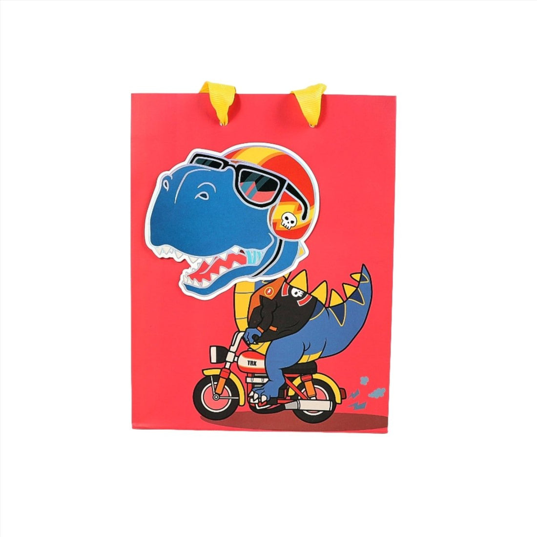 Red dinosaur gift bag with cartoon dinosaur on front and yellow paper handles