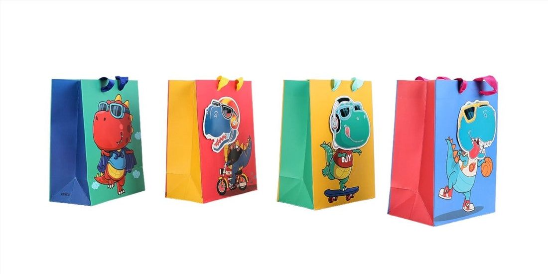 Assorted dinosaur gift bags, four small colorful bags with cartoon dinosaur fronts