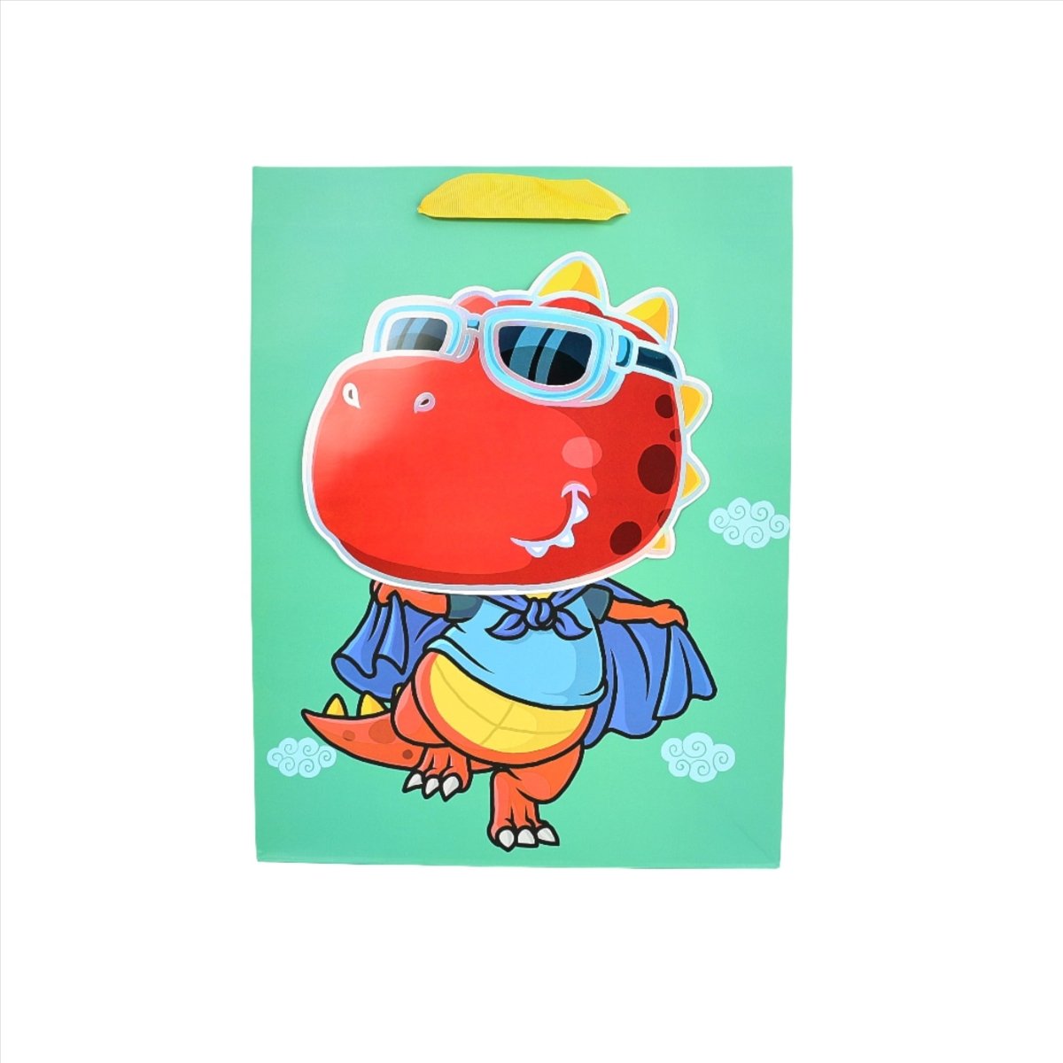 Dinosaur gift bag with cartoon red dino in blue outfit and goggles, square design