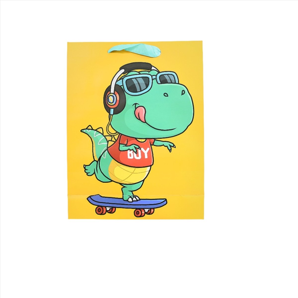 Dinosaur gift bag with cartoon dino on a skateboard, yellow design panel and handle