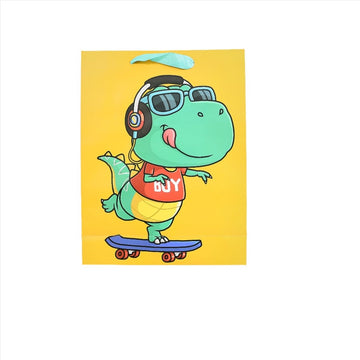 Dinosaur gift bag with cartoon dino on a skateboard, yellow design panel and handle