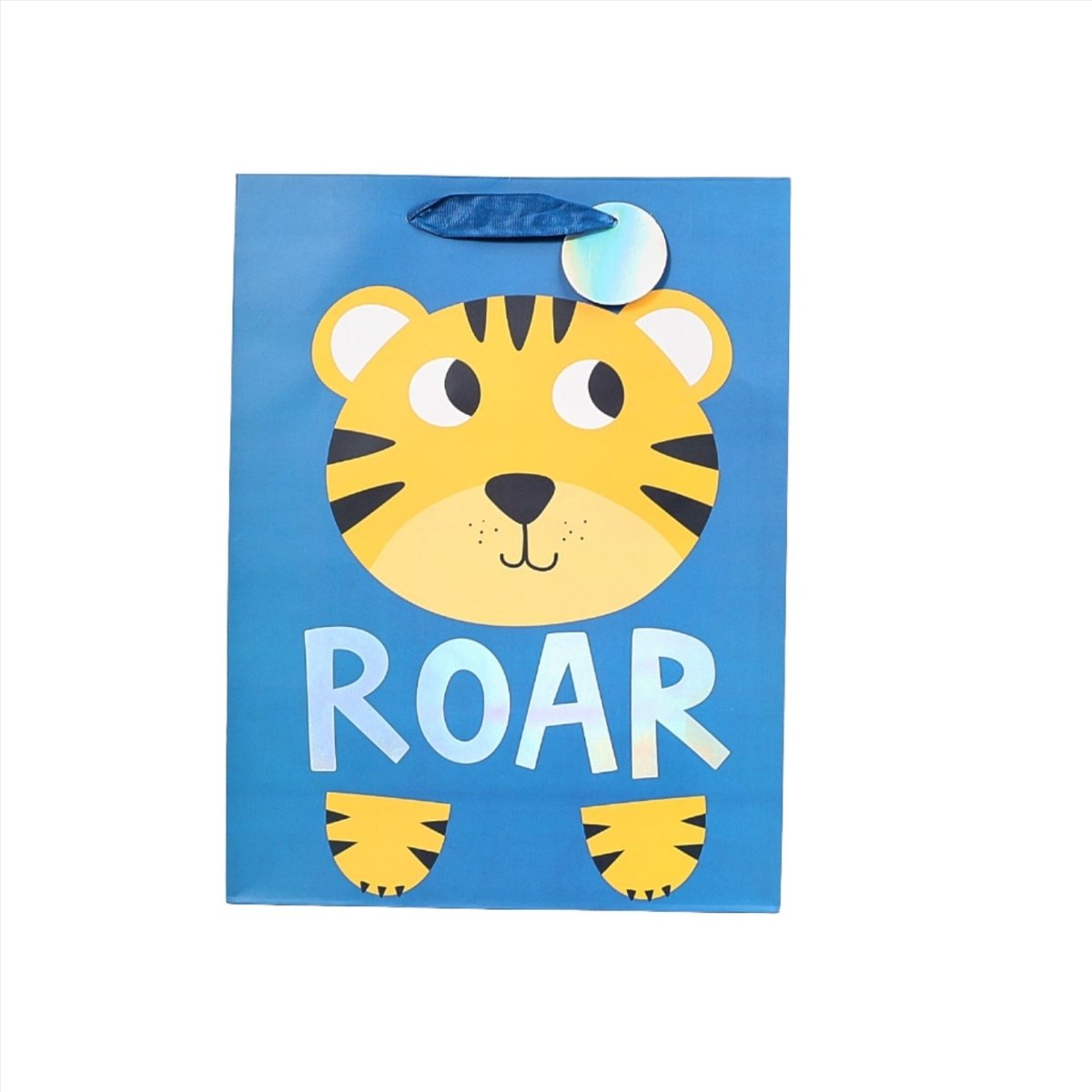 Dinosaur gift bag with cute tiger face and “ROAR” text, blue design panel