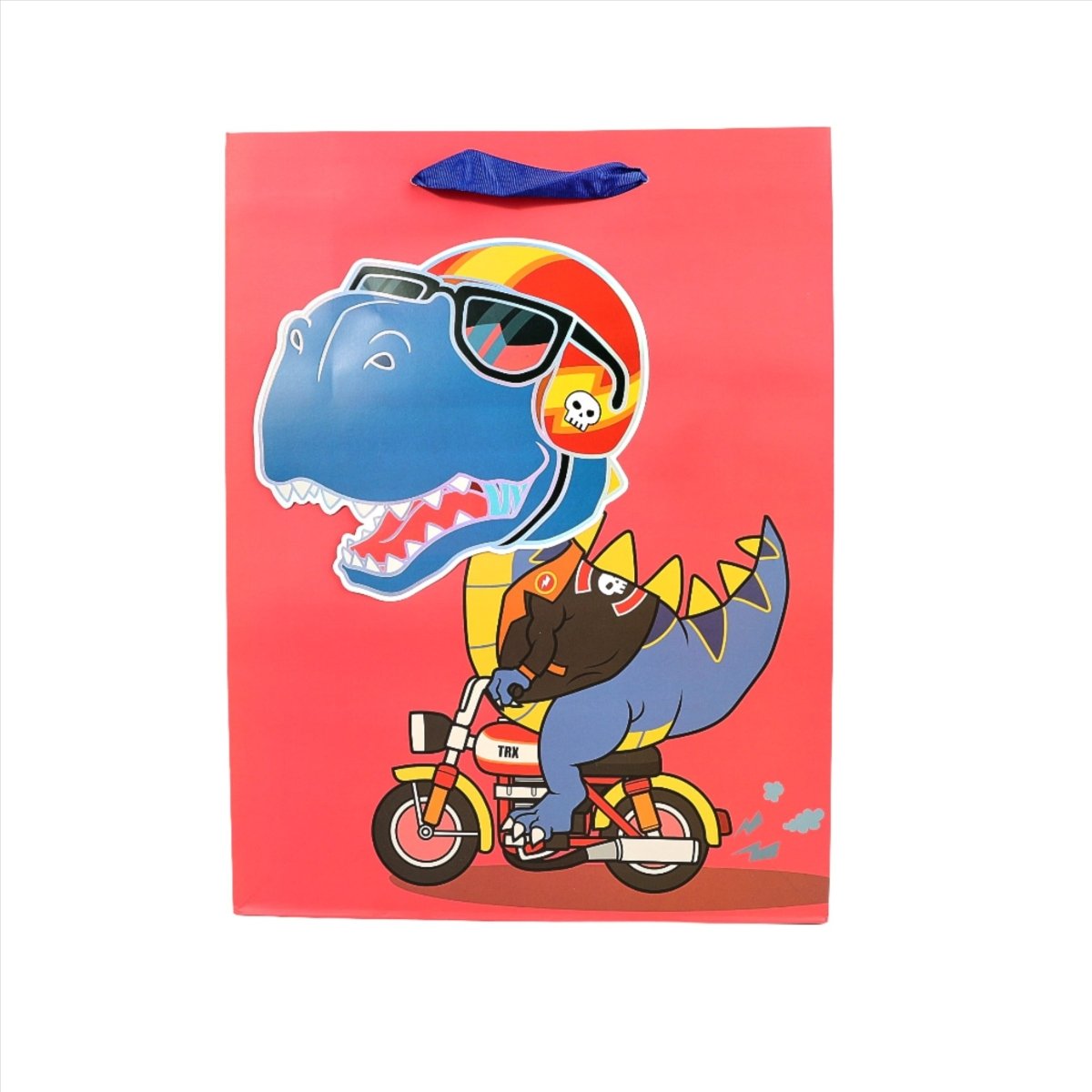 Dinosaur gift bag with cartoon blue dino riding a scooter, red design panel