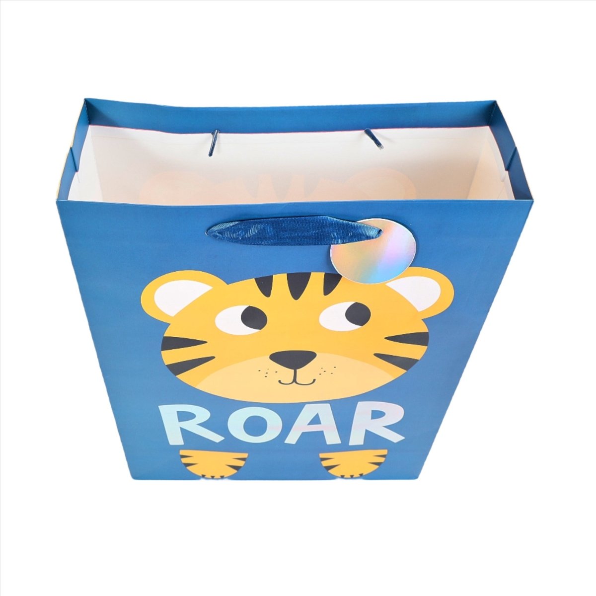 Blue gift bag with tiger face and "ROAR" text